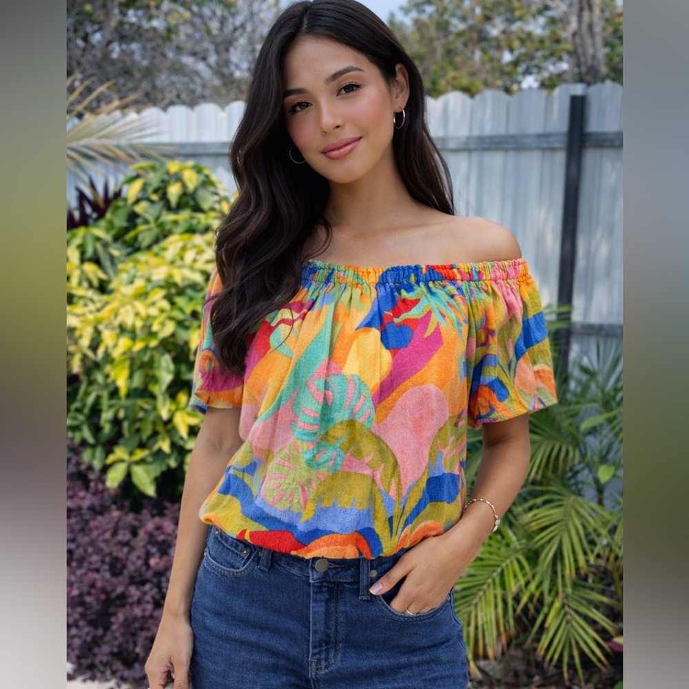 Christian Siriano Tropical Floral Abstract Red yellow Blue Blouse SZ M